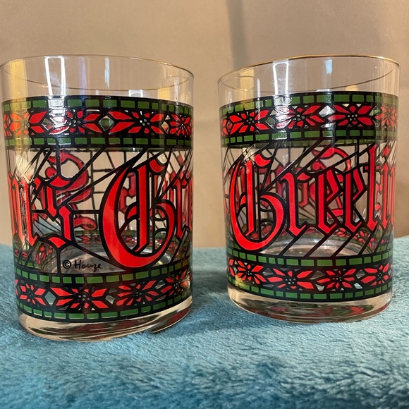 2 VINTAGE Christmas 70s Houze “Seasons Greetings” Stained Glass Gold Rim Accent - Picture 5 of 8